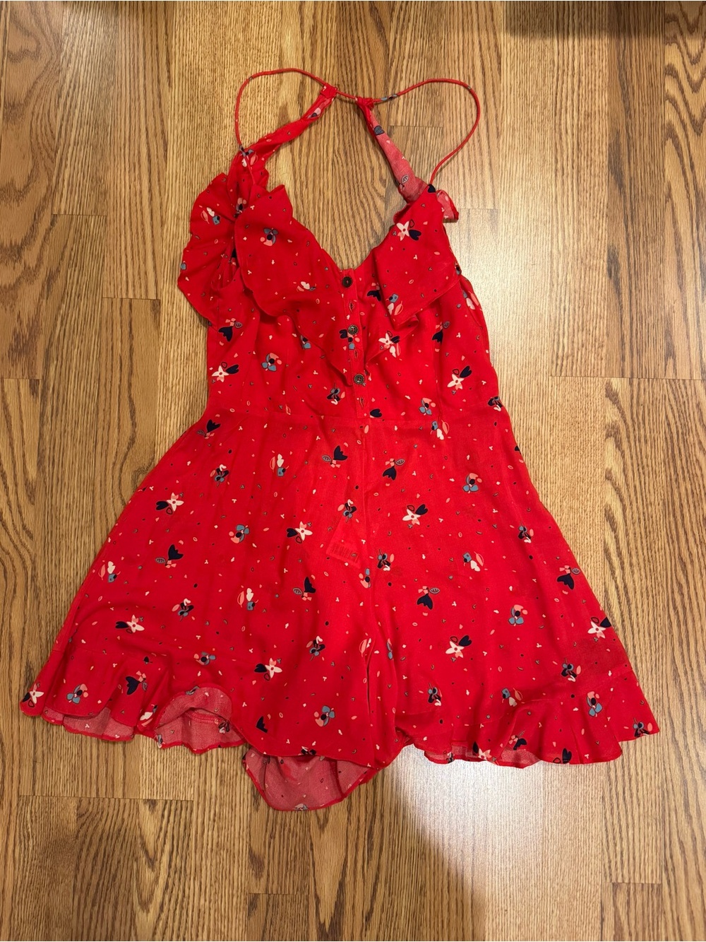 Kimchi Blue Red Floral Romper With Ruffle Detail